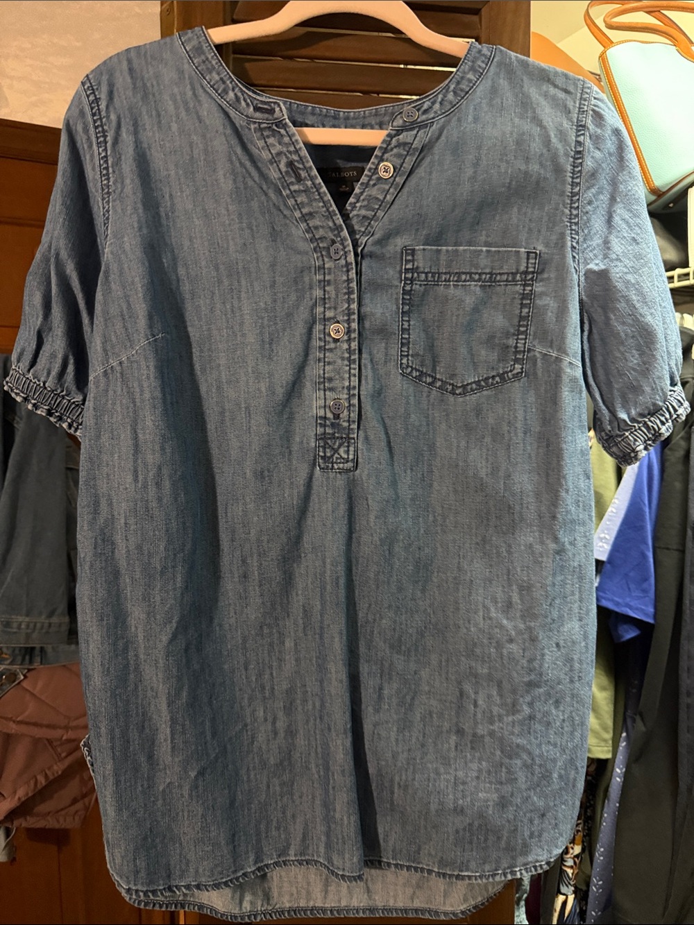Talbots Denim Henley Button-Front Shirt in Light Blue